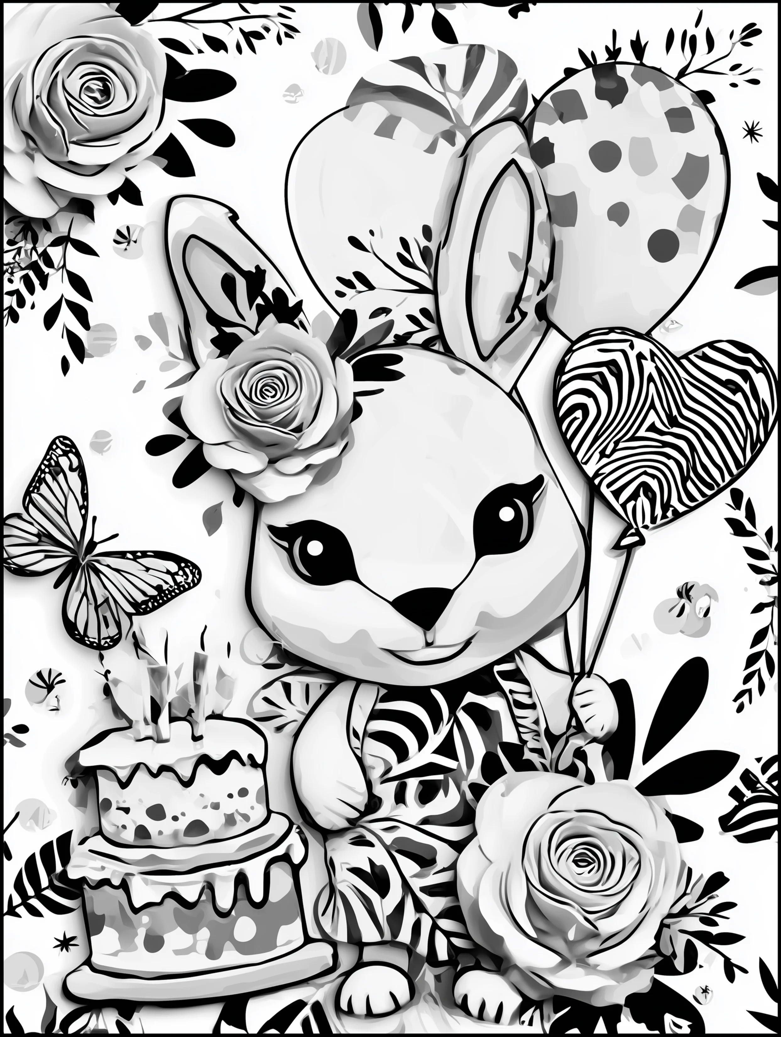 Free printable rabbit coloring page for adults featuring a bunny at a birthday